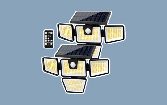 AmeriTop Waterproof Solar Security Light, motion-activated outdoor LED light with wide-angle illumination, ideal for enhancing home security and lighting up driveways, patios, and entryways.