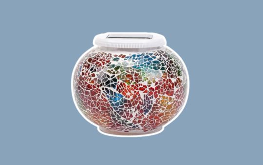 Pandawill Color Changing Solar Powered Glass Ball, a decorative outdoor light that cycles through vibrant colors, ideal for garden or patio illumination.
