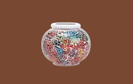 Pandawill Color Changing Solar Powered Glass Ball, a decorative outdoor light that cycles through vibrant colors, ideal for garden or patio illumination.