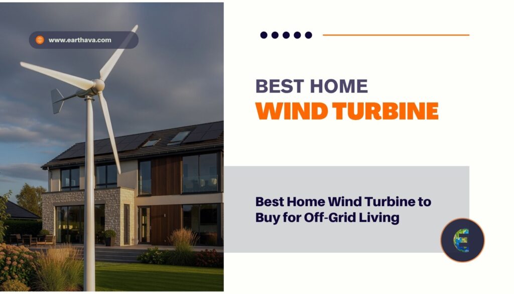 Image showcasing a modern home wind turbine installed on a residential rooftop, with a clear blue sky and windmill blades turning, symbolizing renewable energy and sustainability.