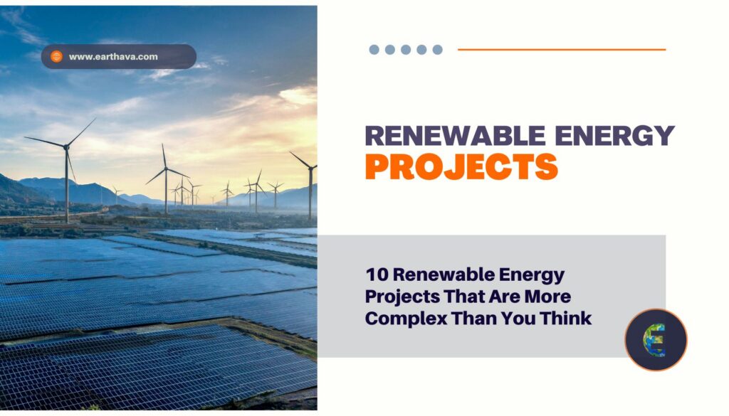 A featured image for the article titled 10 Renewable Energy Projects With a Complicated Story, showing a large solar panel farm and wind turbines operating side by side under an open sky, representing the complex realities of renewable energy development.