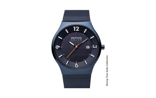 Bering Time Solar Collection watch with a sleek, minimalist design, solar-powered movement, and a durable stainless steel case for an elegant and eco-friendly timepiece.