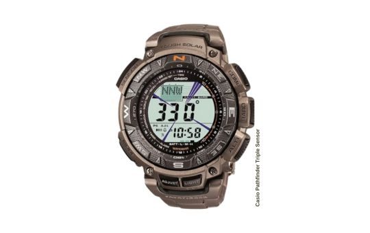 Casio Pathfinder Triple Sensor solar-powered watch with a rugged design, digital display, and built-in altimeter, barometer, and compass for outdoor adventures.