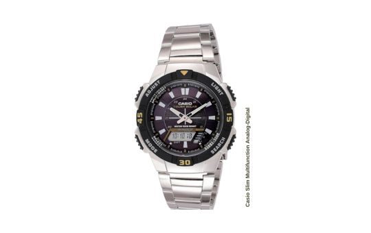 Casio Slim Multifunction Analog-Digital watch featuring a sleek, modern design with both analog and digital displays, showcasing a durable stainless steel case and solar-powered functionality.