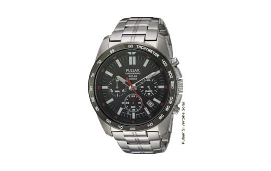 Pulsar Silvertone Solar watch with a classic silvertone stainless steel case, solar-powered movement, and a clean, elegant dial, designed for both style and sustainability.