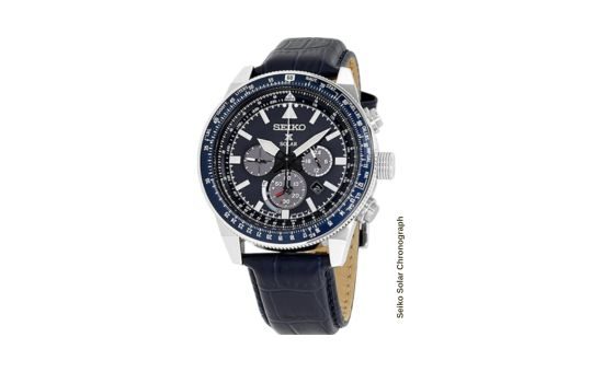 Seiko Solar Chronograph watch featuring a sleek stainless steel design, solar-powered movement, multiple sub-dials, and a durable build for precision timekeeping and sustainability.








