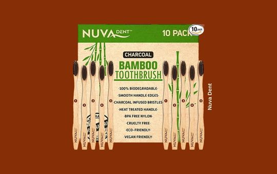 Nuva Dent charcoal bristle bamboo toothbrushes, eco-friendly and biodegradable with soft bristles for gentle and effective oral care.