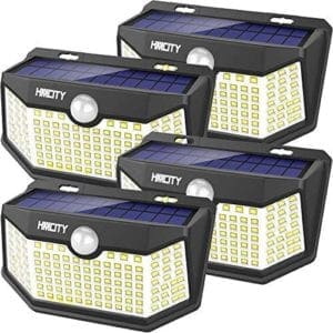 Hmcity solar security lights mounted outdoors, featuring motion sensors and energy-efficient LED illumination for enhanced safety.