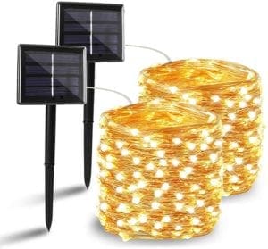 BHCLIGHT solar string lights featuring 100 LED bulbs, designed for outdoor decoration with energy-efficient solar power, perfect for creating a warm and inviting atmosphere in gardens, patios, or holiday setups.