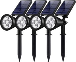 InnoGear solar landscape spotlights highlighting a garden area with bright, focused beams of light, designed for outdoor use with energy-efficient solar panels and adjustable angles for optimal illumination.