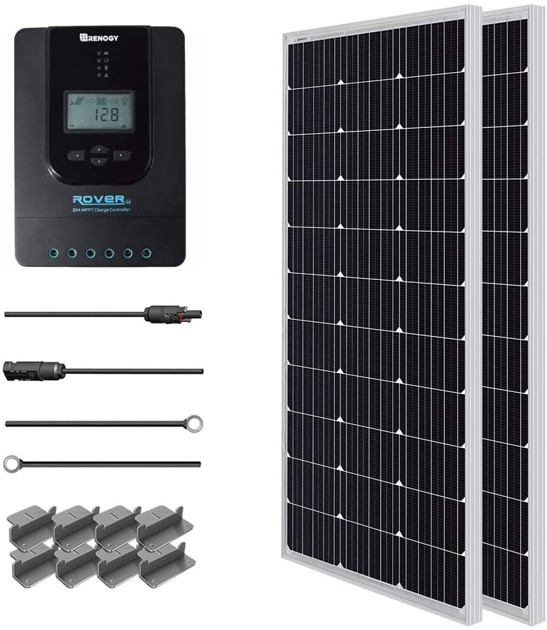 Renogy 200 Watt 12 Volt Mono-crystalline Solar Starter Kit, featuring high-efficiency panels ideal for off-grid applications, providing reliable solar power for small energy needs.