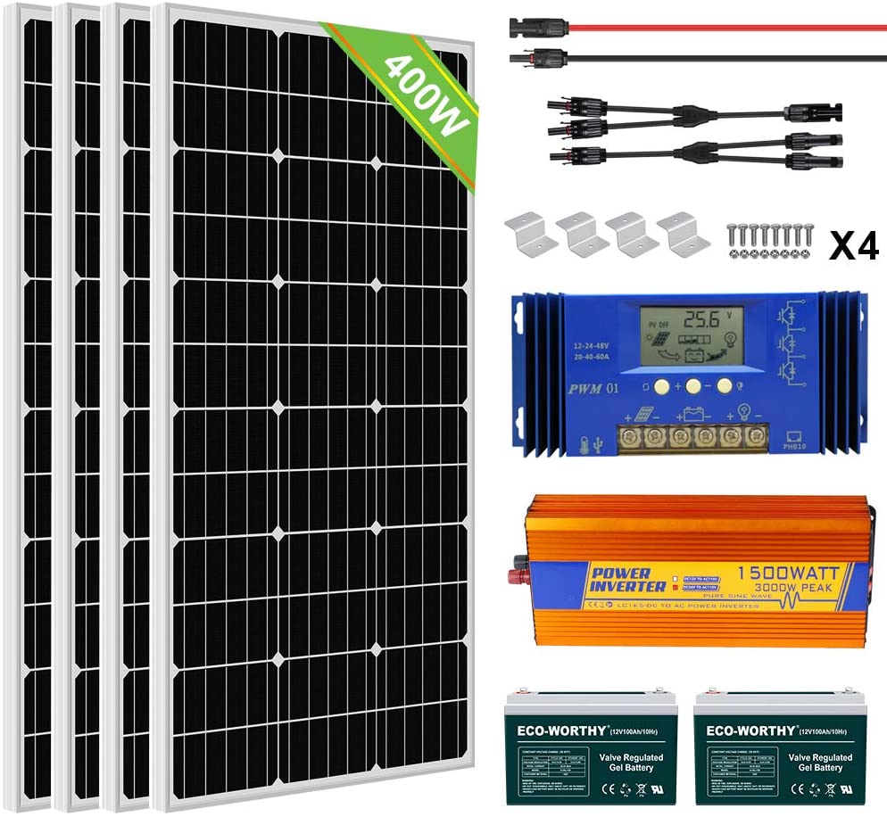 ECO-WORTHY 400W 24V Complete Solar Panel Kit with battery and inverter, offering a fully integrated renewable energy solution for off-grid homes or outdoor power needs.