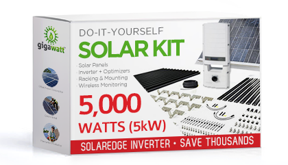 5000 Watt (5kW) DIY Solar Install Kit with Solar Edge inverter or power conditioning unit, featuring rooftop-mounted solar panels for efficient residential energy production and smart energy management.