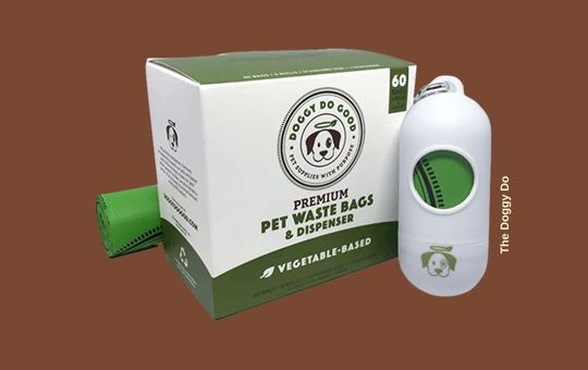 The Doggy Do Good compostable dog waste bags with bag dispenser, made from plant-based materials, offering eco-friendly and leak-proof waste disposal.
