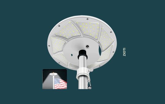 ZIOTI solar flag pole light mounted on a flagpole, showcasing bright LED illumination, a durable weather-resistant build, and a solar-powered design for energy-efficient nighttime visibility.