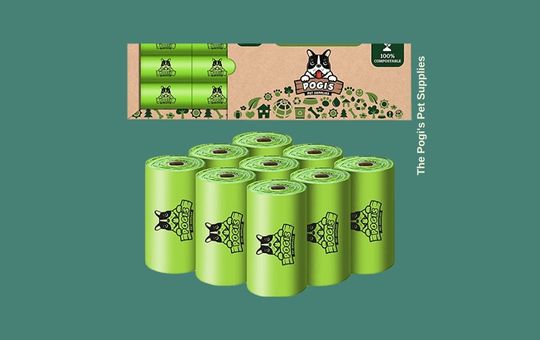Pogi's eco-friendly poop bags, biodegradable and leak-proof, designed for easy and sustainable pet waste disposal with extra durability.