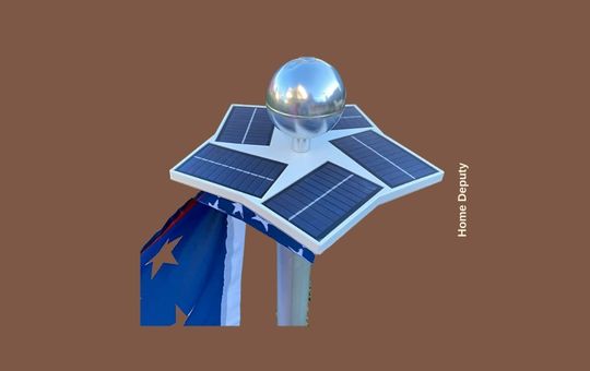 Home Deputy Solar Flag Pole Light attached to a flagpole, showcasing its energy-efficient solar panels, bright LED lights, and durable weather-resistant construction for optimal nighttime flag illumination.