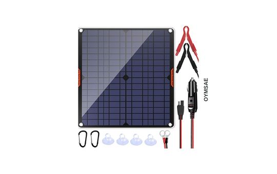 OYMSAE 20W solar car battery charger with a durable solar panel, designed for efficient trickle charging and battery maintenance for vehicles.