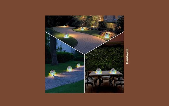 Pandawill Color Changing Solar Powered Glass Ball, a decorative outdoor light that cycles through vibrant colors, ideal for garden or patio illumination.