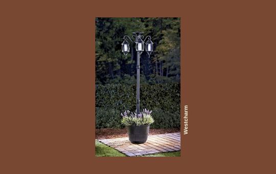 Westcharm Solar Lamp Post with Planter – Elegant black solar-powered lamp post featuring three LED lanterns and a built-in planter base, perfect for outdoor garden and pathway lighting.







