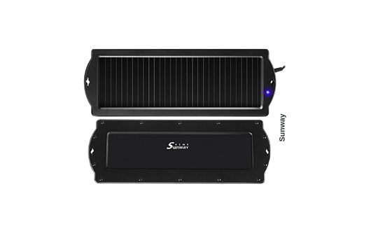 Sunway solar car battery trickle charger with a compact solar panel, ideal for maintaining 12V batteries in cars, motorcycles, boats, and RVs.