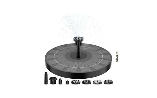 AISITIN Solar Bird Bath Fountain with high-efficiency solar panel, multiple spray nozzles, and eco-friendly design, perfect for bird baths, ponds, and garden decoration.