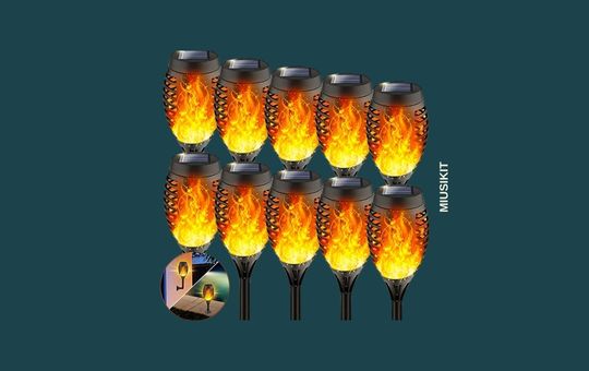 MIUSIKIT Solar Halloween Flickering Flame Lights, designed to create a spooky ambiance with a realistic flame effect for outdoor decoration.