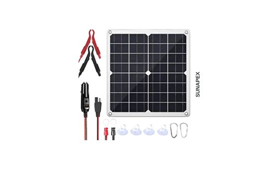 SUNAPEX 20W portable solar battery charger and maintainer with high-efficiency solar panel, ideal for keeping 12V batteries charged in cars, boats, RVs, and motorcycles.