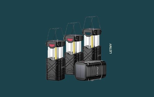 LETMY 4-Pack Solar Camping Lantern set, featuring collapsible designs, solar and USB charging options, and bright LED lights for outdoor adventures and emergencies.