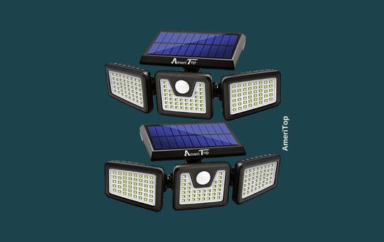 AmeriTop Waterproof Solar Security Light, motion-activated outdoor LED light with wide-angle illumination, ideal for enhancing home security and lighting up driveways, patios, and entryways.