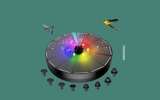AMIAEDU 4W Solar Powered Water Fountain with high-efficiency solar panel, built-in battery for continuous operation, and multiple nozzle options, perfect for bird baths, ponds, and garden decoration.