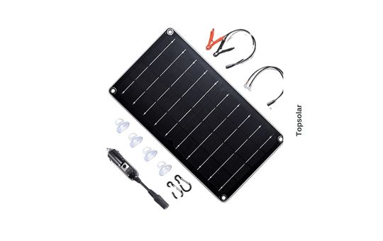 Topsolar 10-watt solar panel battery charger, designed for maintaining 12V batteries in cars, motorcycles, boats, and RVs, with durable construction and high-efficiency solar cells.