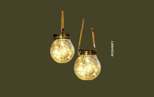 ROSHWEY Outdoor Hanging Solar Lantern featuring a modern design with warm LED lighting, waterproof construction, and solar-powered functionality for patios and gardens.