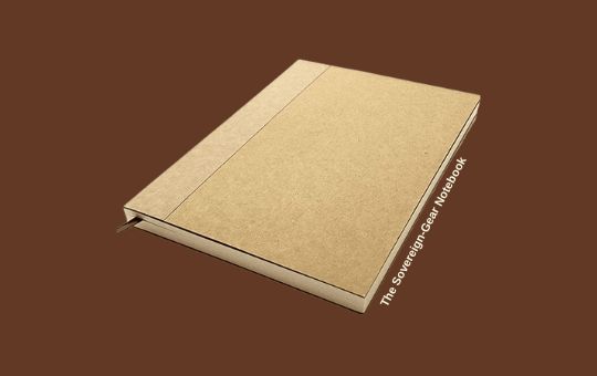 The Sovereign-Gear notebook with a sleek, eco-friendly design, featuring recycled paper and a sturdy cover, ideal for sustainable note-taking and journaling.