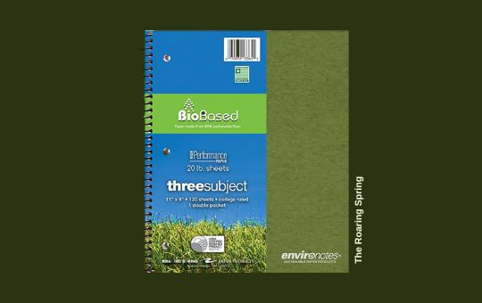 
The Roaring Spring notebook made with recycled paper, featuring a sturdy cover and lined pages, designed for eco-friendly and sustainable note-taking.