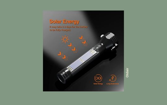 Otdair LED Emergency Solar Flashlight with built-in solar panel, durable design, and multiple lighting modes for outdoor and emergency use.