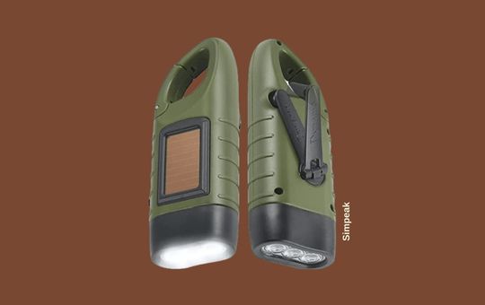 Simpeak Hand Crank Solar Flashlight, compact and durable, features a hand crank for manual charging and solar-powered functionality for reliable emergency lighting.