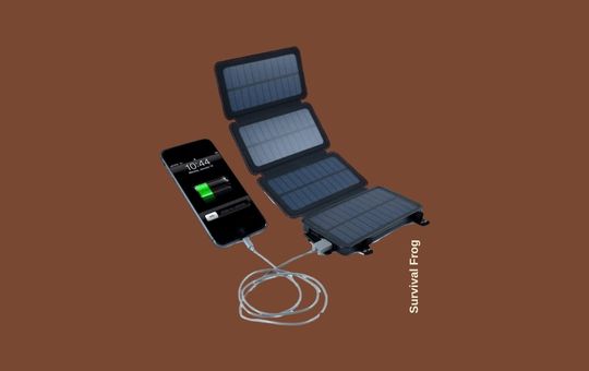 Survival Frog Solar Charger Power Bank featuring a durable, waterproof design, built-in solar panels, dual USB ports, and a flashlight, perfect for outdoor adventures.