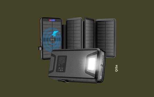 QiSa 35800mAh Solar Power Bank with dual 3.1A outputs, a rugged waterproof design, built-in flashlight, and efficient solar panel for outdoor charging.