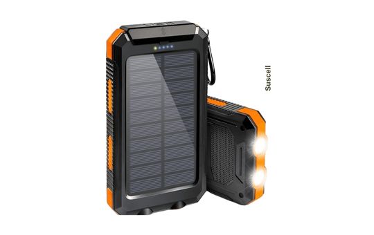 Suscell 20000mAh Solar Phone Charger with a compact, portable design, dual USB ports, built-in flashlight, and efficient solar panel for outdoor use.