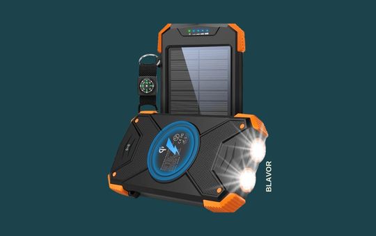 BLAVOR Portable Solar Power Bank featuring a lightweight design, built-in solar panels, wireless charging capability, dual USB outputs, and an integrated flashlight.