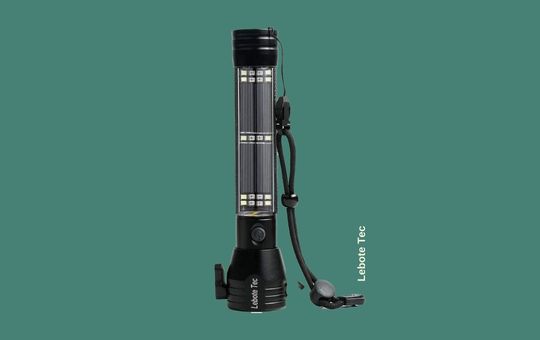 Lebote Tec Multi-Function LED Solar Flashlight with solar charging capabilities, multiple light modes, and a rugged, outdoor-friendly design.