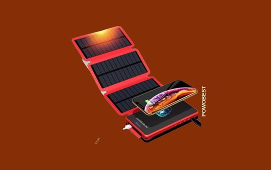 POWOBEST Solar Charger Power Bank featuring a sleek design, dual USB outputs, built-in LED flashlight, and compact solar panels for efficient outdoor charging.