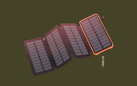 FEELLE 25000mAh Outdoor Waterproof Solar Phone Charger with foldable solar panels, dual USB ports, and a rugged, weather-resistant design for outdoor use.
