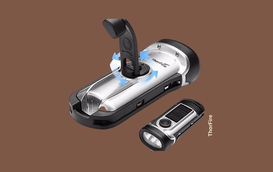 ThorFire IPX6 Waterproof LED Hand-Crank Solar Flashlight, durable and water-resistant, perfect for outdoor and emergency use with solar charging and hand crank power.