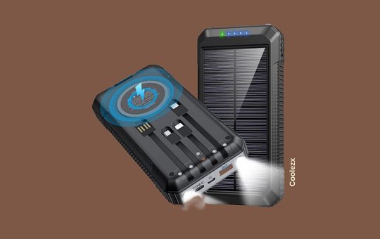Coolezx 33800mAh Portable Solar Power Bank featuring a high-capacity battery, dual USB outputs, built-in flashlight, and durable solar panel for outdoor charging.