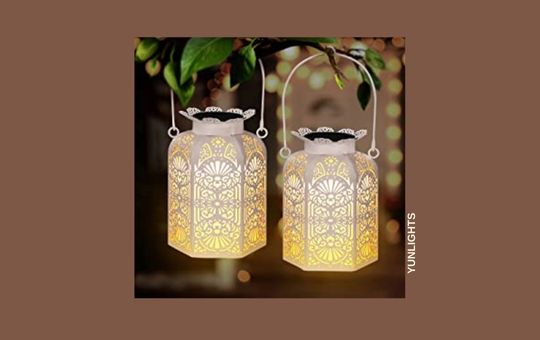 YUNLIGHTS decorative solar hanging lights with elegant patterns, ideal for outdoor gardens, patios, and festive ambiance.