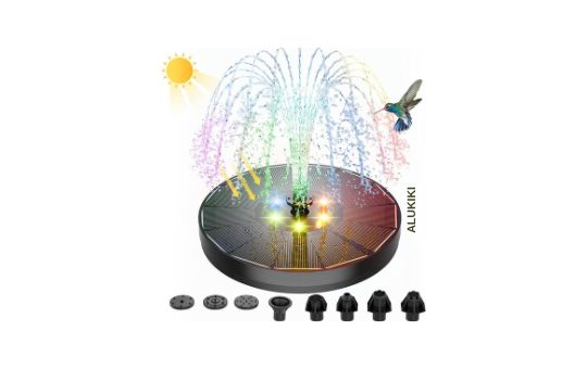 ALUKIKI 4W Solar Powered Fountain Pump with high-efficiency solar panel, built-in battery for continuous operation, and multiple water spray patterns, ideal for bird baths, ponds, and garden decoration.