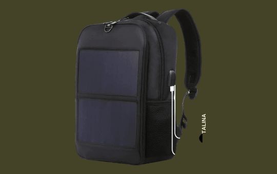 TALINA 14W solar backpack with an integrated solar panel for efficient charging, designed for travel, hiking, and daily outdoor use.