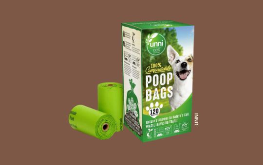 UNNI compostable dog poop bags made from plant-based materials, eco-friendly, leak-proof, and certified for home and industrial composting.